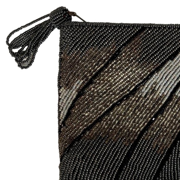 RARE gray+gold+black beaded Art Deco evening clutch handbag w/zipper tassel - Picture 3 of 6